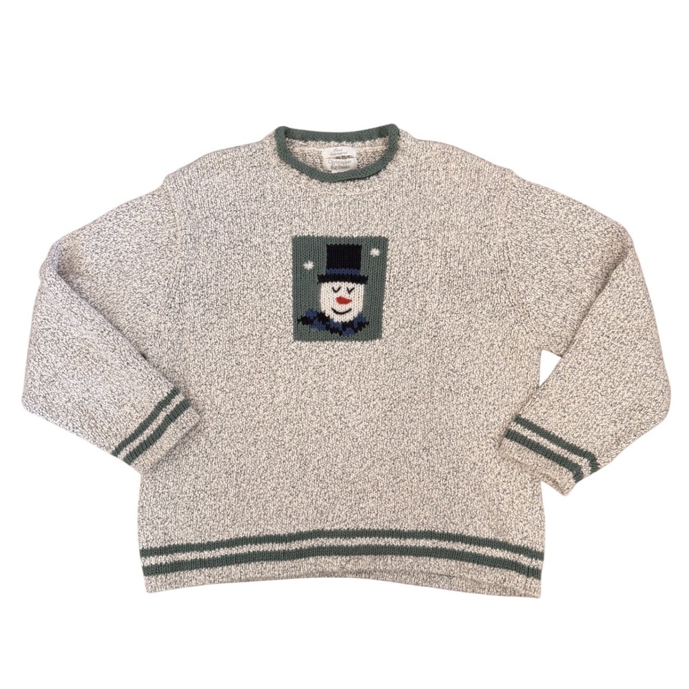Christopher & Banks Snowman Snowflake Ramie Cotton Knit Sweater XL Grey Green